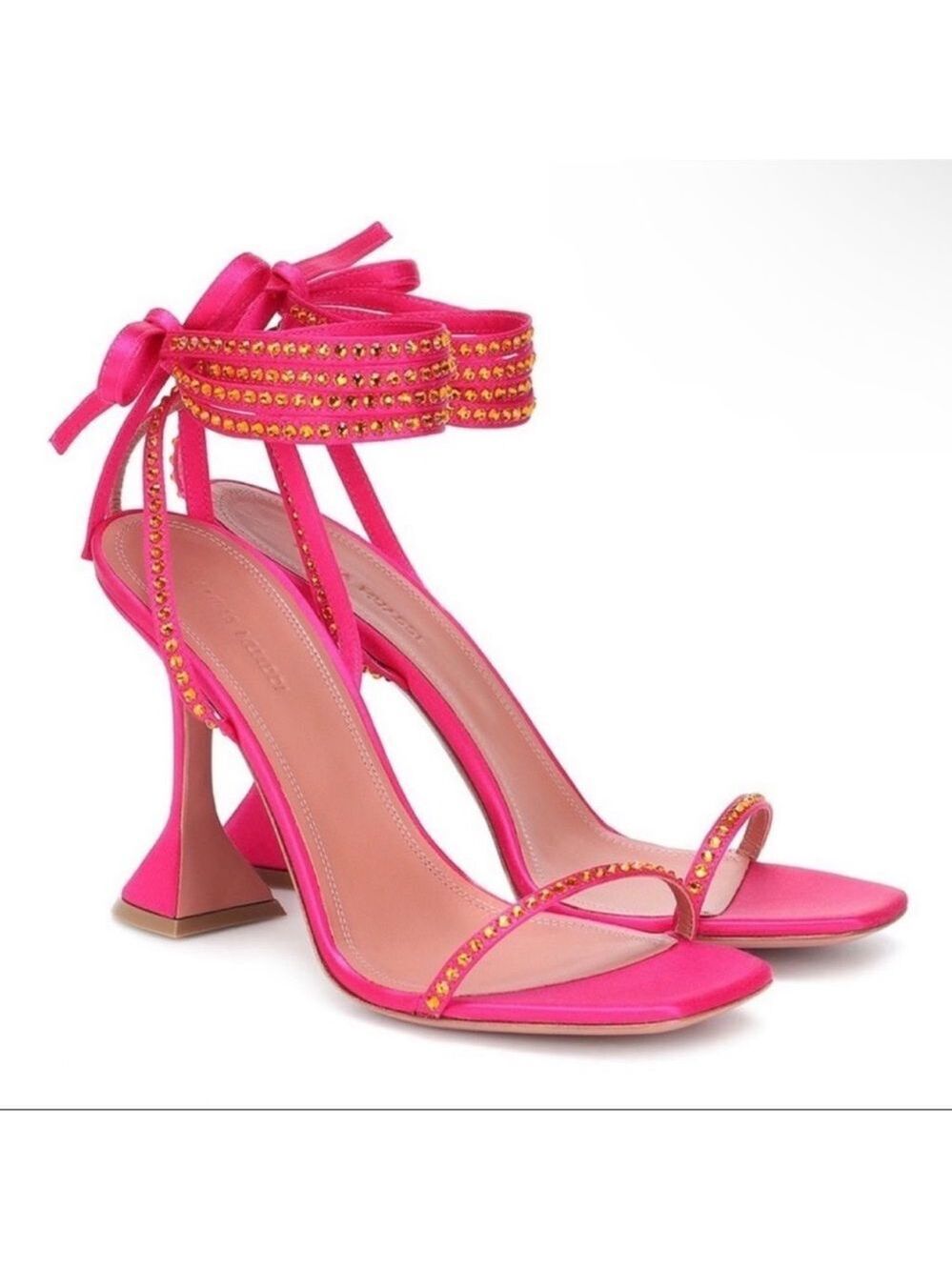 Amina Muaddi Crystal Vita Satin Lace Up Sandals in Deep Pink Size 38.5 / 8.5
